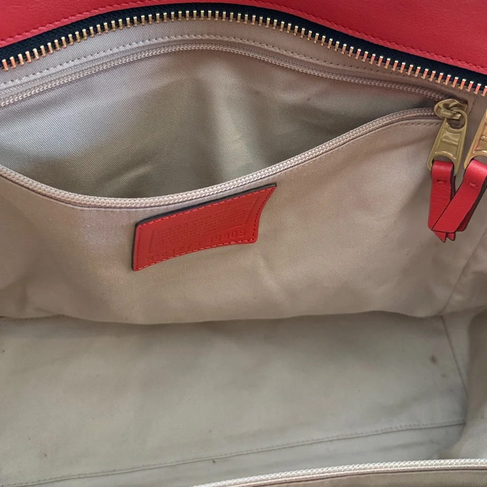 Coach Red, Navy & Tan Leather Satchel with Tassel Accents